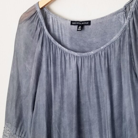 Saks Fifth Avenue Silk Blend Blouse S Blue Gray Crochet Sequins Italy Lagenlook - Picture 11 of 16